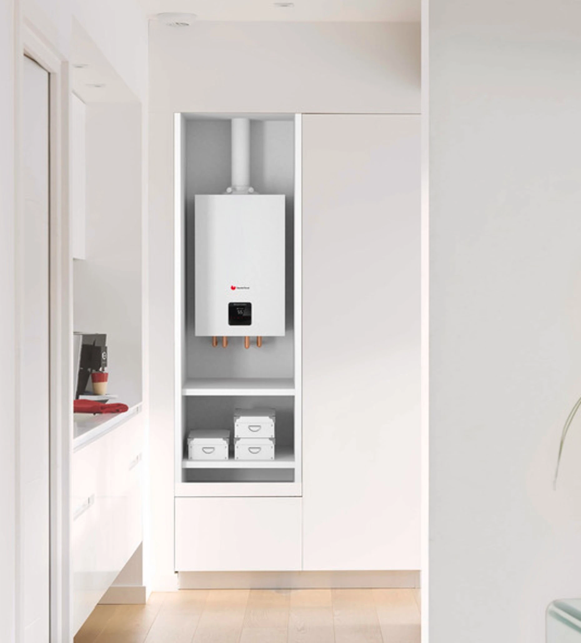 kocioł gazowy zamontowany w szafce w przedpokoju