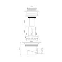 Wpust podłogowy wykonany z ABS z odpływem 50mm, czyszczony od góry z kratką ze stali nierdzewnej 150x150mm