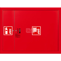 Hydrant DN 33 wnękowy z miejscem na gaśnicę obok zwijadła, wąż 20 m, ocynk fasada, zamek patent, RAL 3000