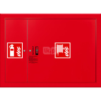 Hydrant DN 52 wnękowy z miejscem na gaśnicę z obok kosza, wąż 15 m, zamek patent, RAL 3000