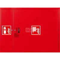 Hydrant DN 33 zawieszany z miejscem na gaśnicę obok zwijadła, wąż 30 m, ocynk fasada, zamek patent, RAL 3000